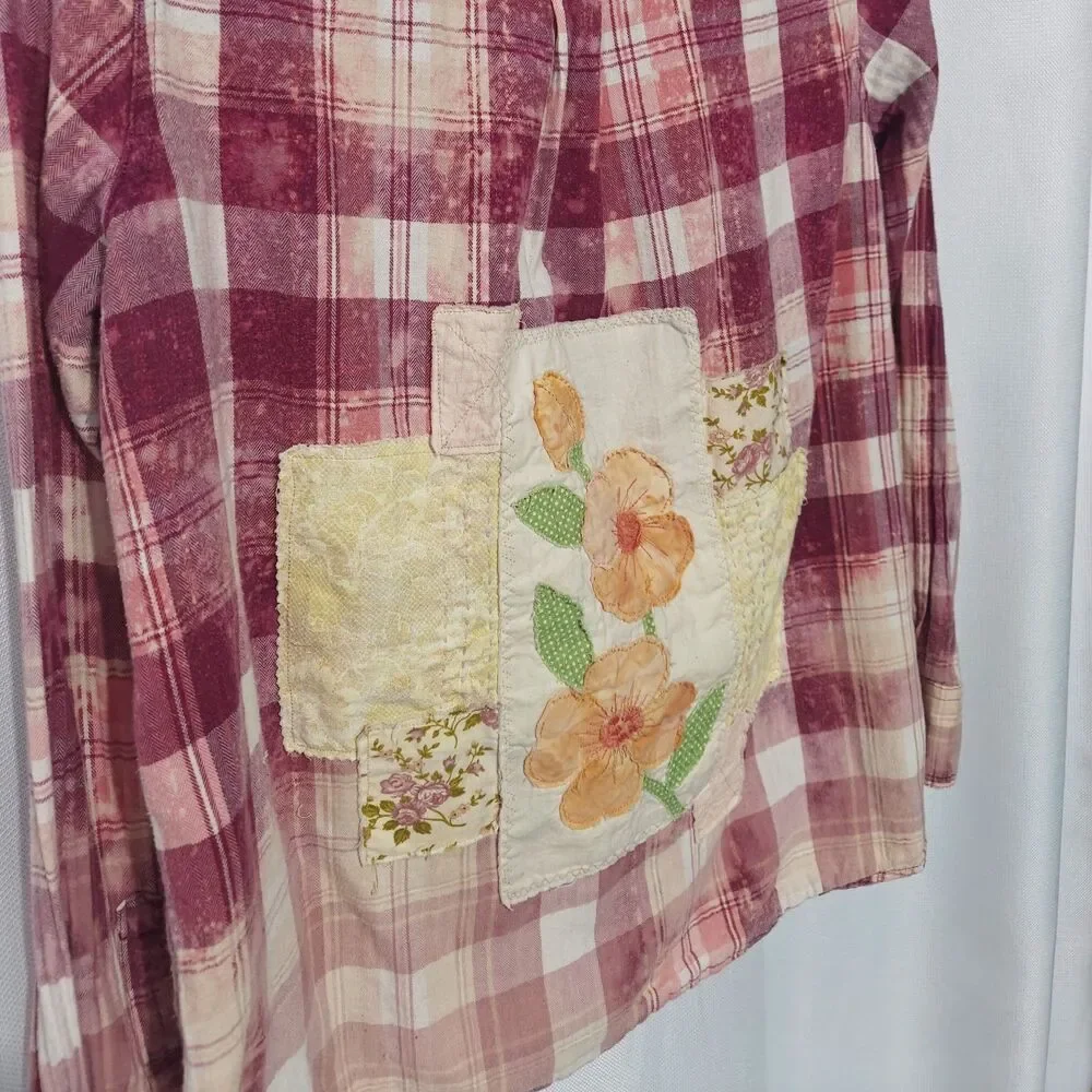 Upcycled Shabby Patchwork Flannel Shirt L Flower Festival Artsy Boho Hippie - Picture 9 of 11